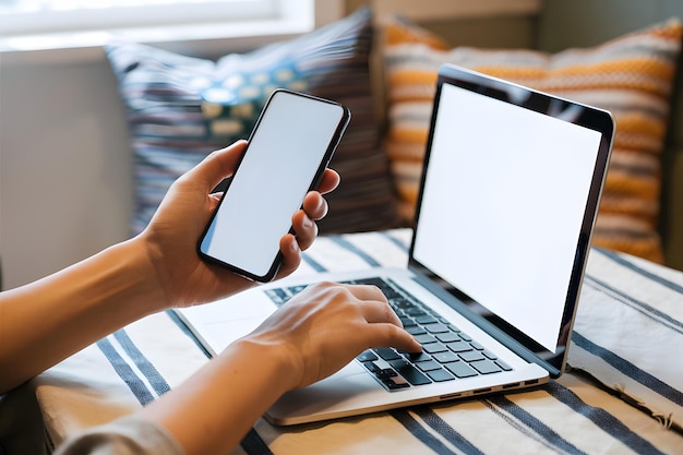 Foto cozy room with hands using laptop and smartphone window and cushions visible