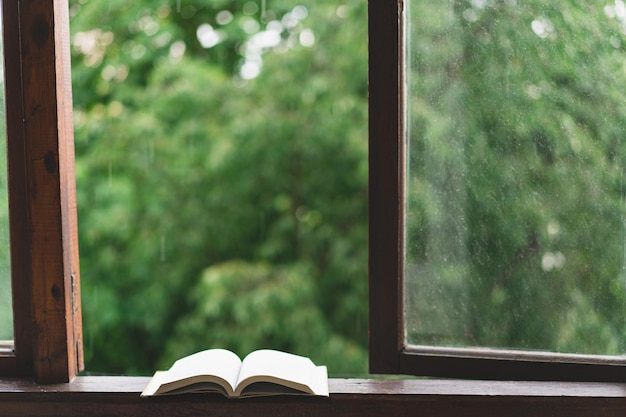 Cozy verão ainda uma xícara de chá quente e livro aberto no peitoril da janela vintage e chuva fora do apartamento Rain no verão