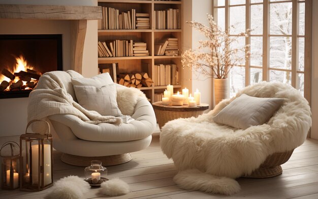 Cozy Winter Nook Cadeira de aconchego de marfim na sala de estar Hygge