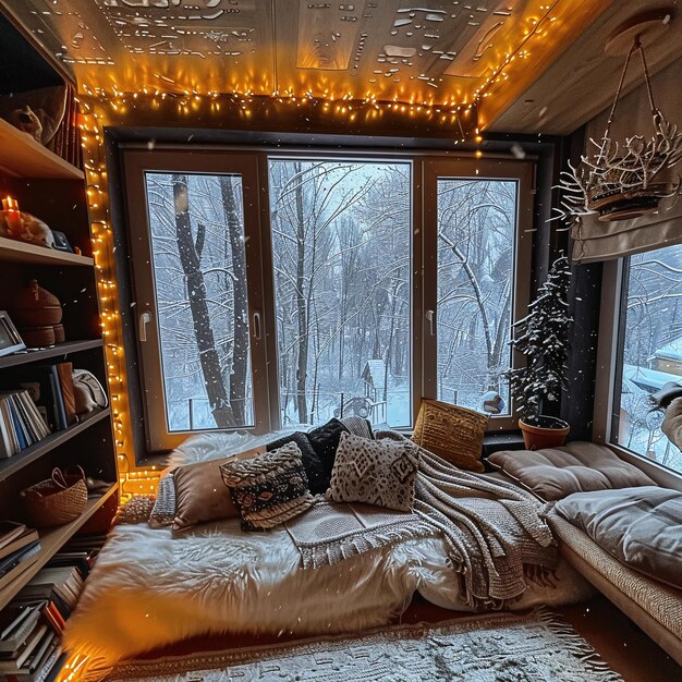 Cozy Winter Nook com luzes de fada e vista de neve através da janela