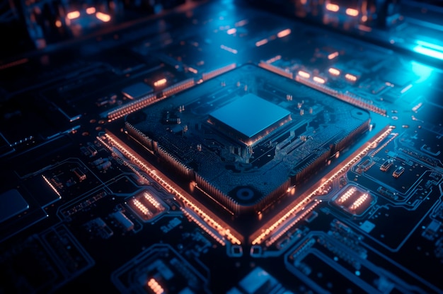 CPU Advanced Central Processing Unit Konzept Netzwerksicherheit Motherboard-Chip Wissenschaftlicher Technologiehintergrund AI generiert Selektiver Fokus