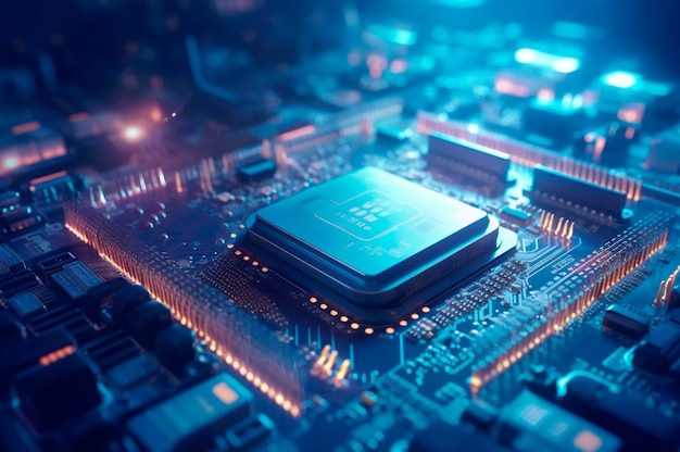 CPU Advanced Central Processing Unit Konzept Netzwerksicherheit Motherboard-Chip Wissenschaftlicher Technologiehintergrund AI generiert Selektiver Fokus