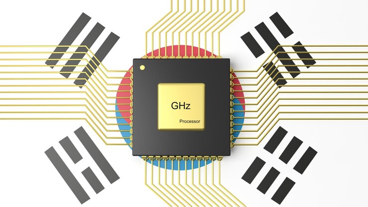 Foto cpu de computadora con fondo de bandera de corea del sur