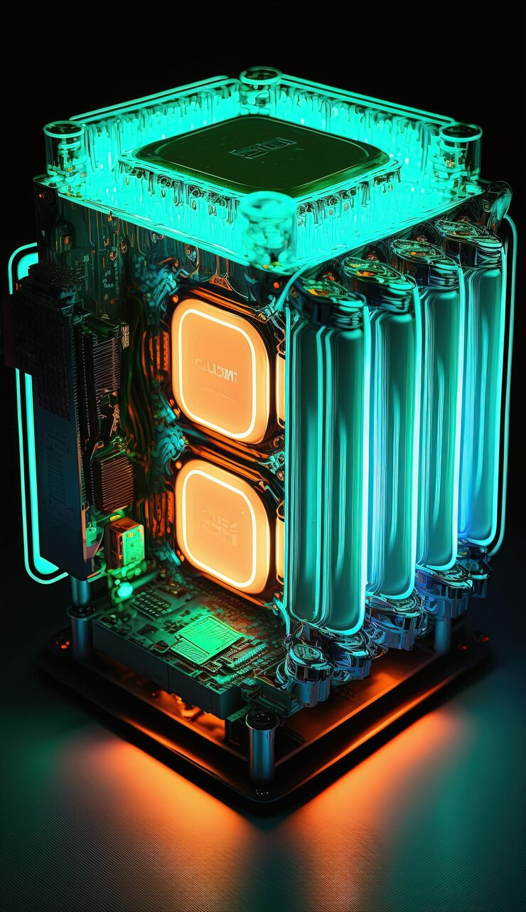 Cpu de computadora hiperrápida futurista refrigerada por líquido brillante. IA generativa