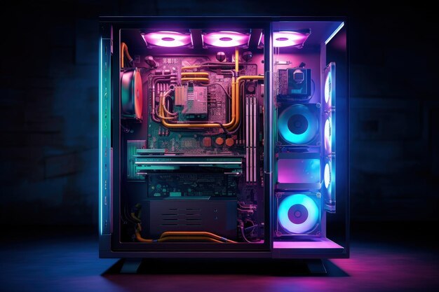 Cpu de computadora de jugador robusta y futurista con concepto de juego de luces de neón rgb IA generativa