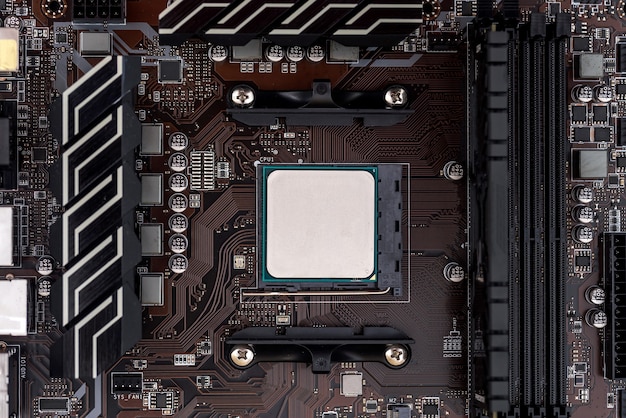 CPU na placa-mãe de perto, tema do computador