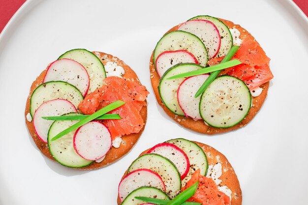 Cracker-Sandwiches mit Lachs-Gurken-Rettich-Hüttenkäse und Frühlingszwiebeln