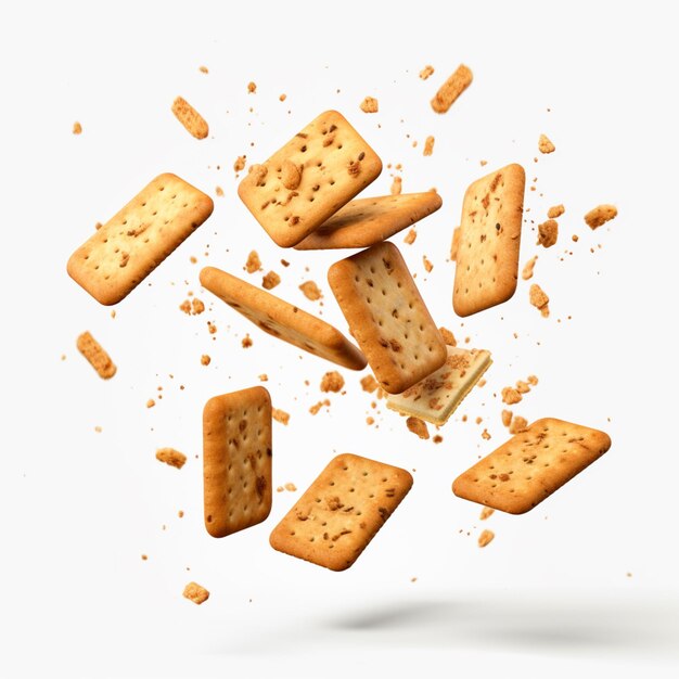 Foto crackers araffe caindo no ar com um fundo branco generativo ai