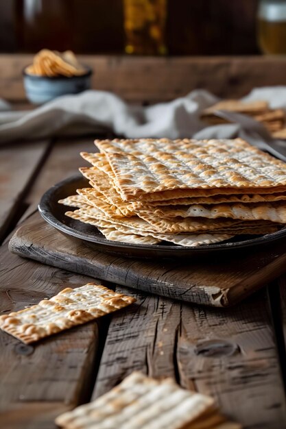 Foto crackers de matzo empilhados em prato rústico prontos para a festa da páscoa