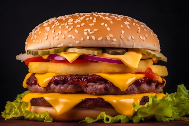 Craft-Beef-Burger und Pommes Frites auf Holztisch isoliert auf schwarzem Hintergrund. Neuronales Netzwerk AI generiert