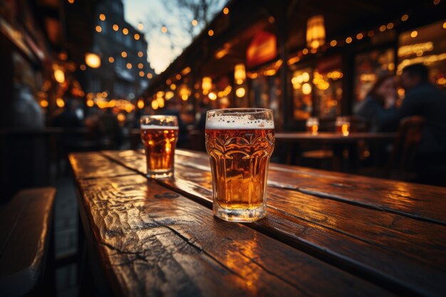 Craft beer em um pub aconchegante com mesas de madeira e iluminação suave generativa IA