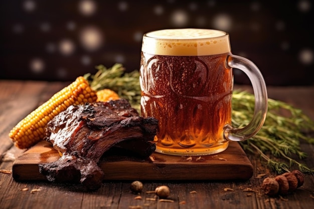 Craft-Bier im Glas mit BBQ-Rippchen und Mais, hergestellt mit generativer KI