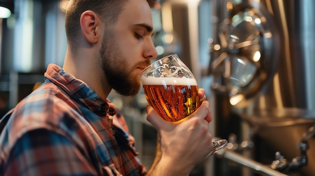 Craft-Bierbräuer bei der Arbeit Der Bräuer hält ein Glas Bier und riecht es Er trägt ein kariertes Hemd und hat einen Bart