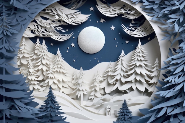 Craft de papel cortado conceito de inverno e Natal floresta de neve na noite de Natal cartaz