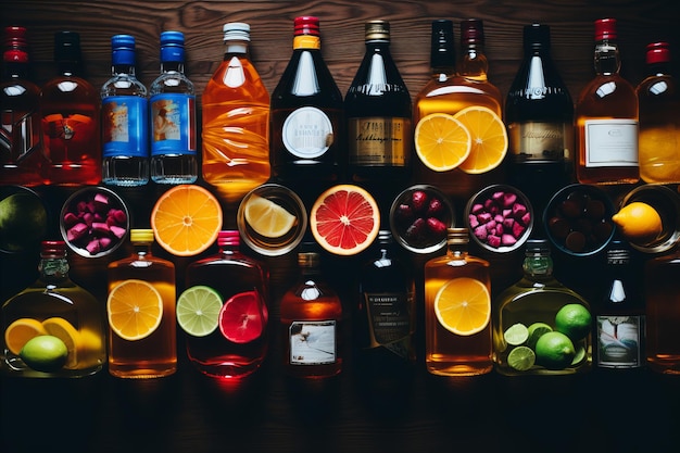 Crafting Cocktails Únicos Bar bem abastecido com diversos ingredientes e garrafas de álcool