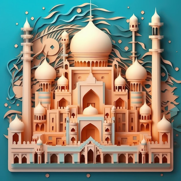 Crafting Tranquility Minimalistic 3D Paper Cut Arte de uma mesquita islâmica Ramadan Kareem Ilustração de corte de papel abstrato em 3D