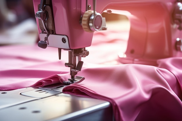 Crafting Wonders Un primer plano de una máquina de coser que trabaja magistralmente con tela rosa