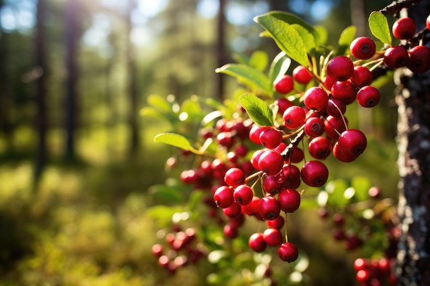 Cranberries auf einem Busch in einem sonnigen Sommerwald