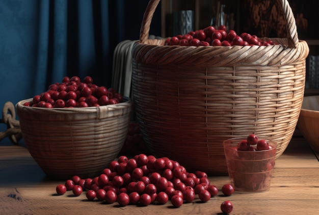 Cranberries frescas em cestas de bambu perfeitas para lanches saudáveis ou decoração