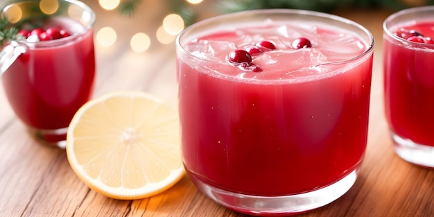 Cranberry Apple Ginger Holiday Punch Juice auf dem Holztisch mit Bokeh-Lichtern im Hintergrund