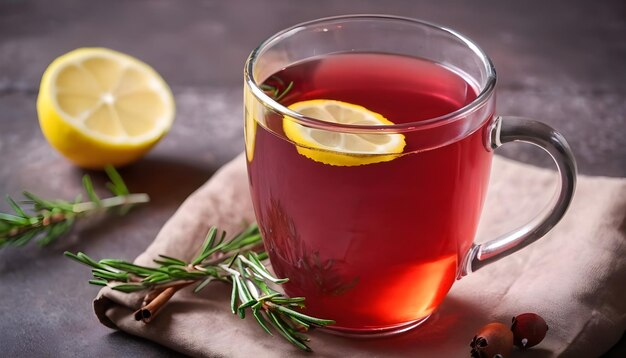 Cranberry-Tee mit Zitrone und Rosmarin in Glasbecher Gesundes heißes Vitamingetränk