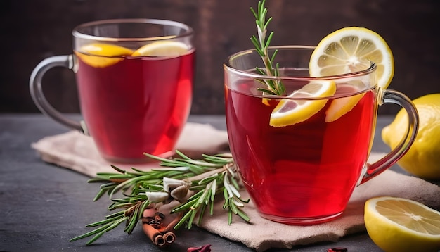 Cranberry-Tee mit Zitrone und Rosmarin in Glasbecher Gesundes heißes Vitamingetränk