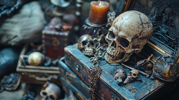 Cráneas y cadenas antiguas expuestas en un oscuro entorno antiguo