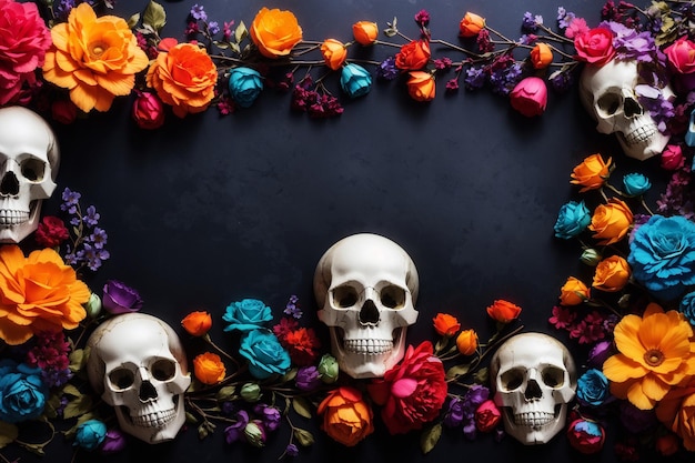 Cráneas y flores de colores enmarcan sobre un fondo oscuro