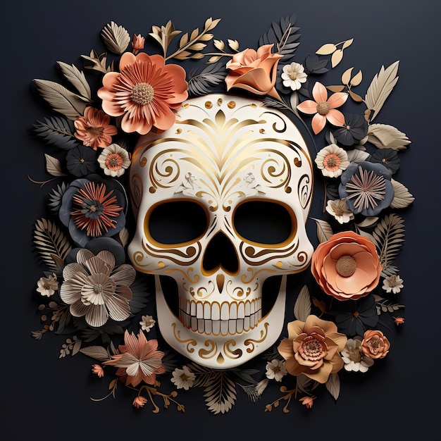 Cráneo en 3D en flor con flores sobre un fondo negro