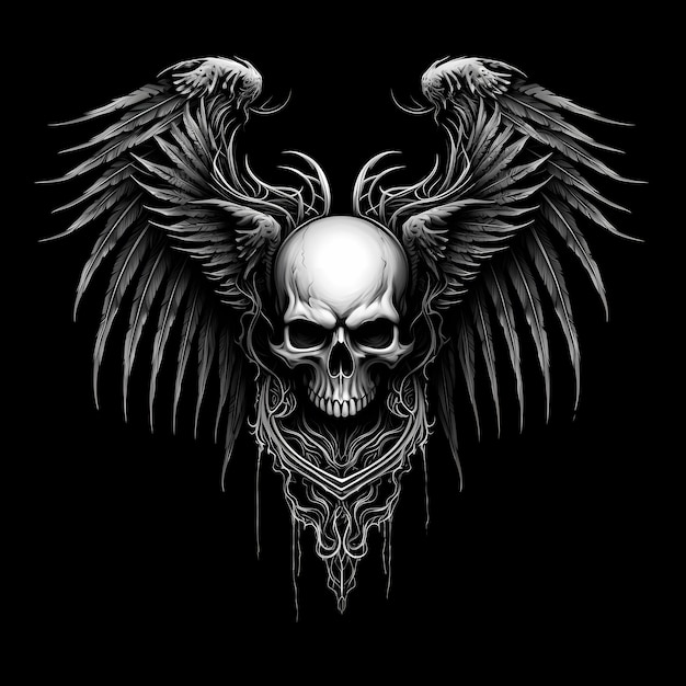 Foto cráneo y alas diseño de tatuaje ilustración de arte oscuro aislado sobre fondo negro