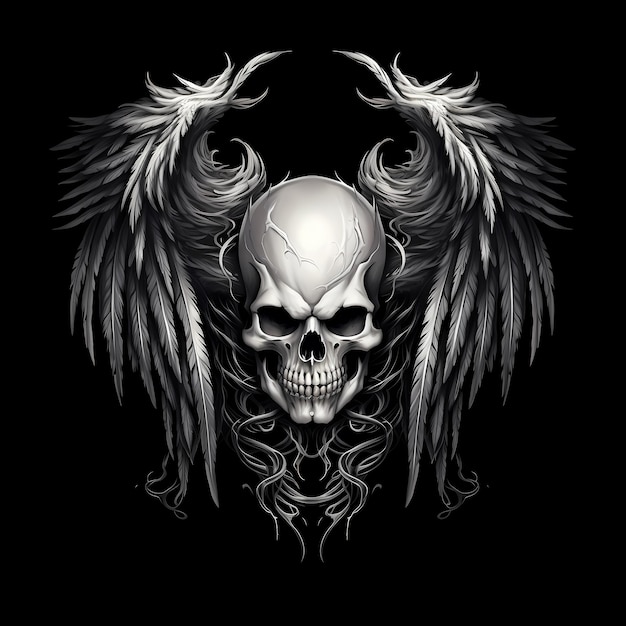 cráneo con alas ilustración en blanco y negro
