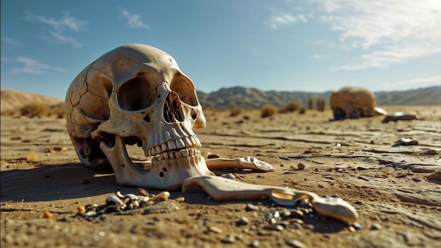 Foto un cráneo y algunos huesos yacían en la tierra del desierto.