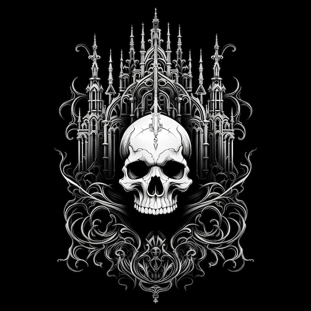 cráneo y arquitectura gótica diseño de tatuaje ilustración de arte oscuro aislado sobre fondo negro