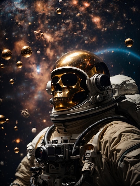 Un cráneo de un astronauta flota en el espacio rodeado de galaxias y nebulosas que forman constelaciones