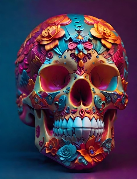 Cráneo de azúcar colorido en fondo oscuro Día de los Muertos