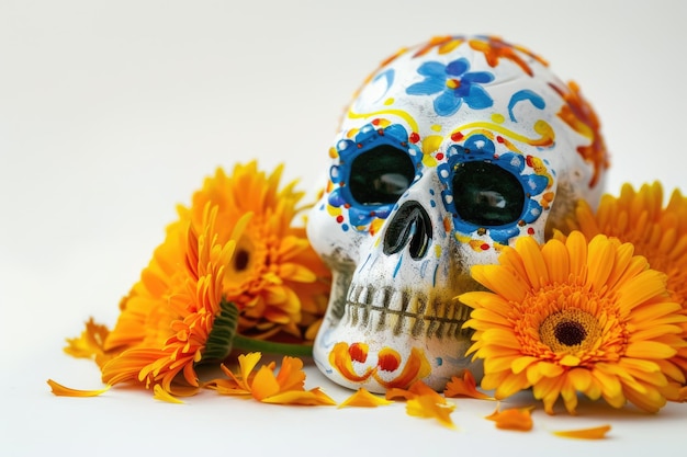 Foto cráneo de azúcar y flores de cempasuchil para el día de los muertos