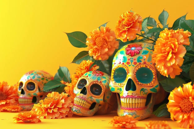 cráneo de azúcar y flores en el fondo día del concepto de los muertos