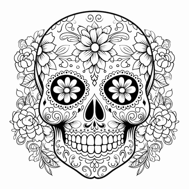 Un cráneo de azúcar con flores y hojas en él generativo ai