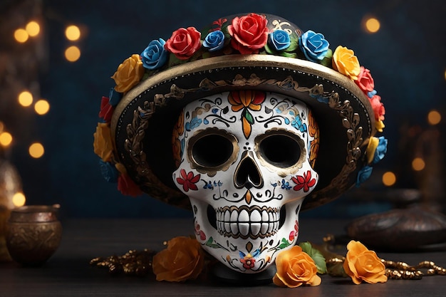 Cráneo de azúcar mexicano con sombrero y flores en fondo negro