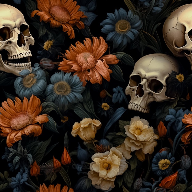 Cráneo de azulejo con fondo de flores patrón floral de cráneo generado por Ai