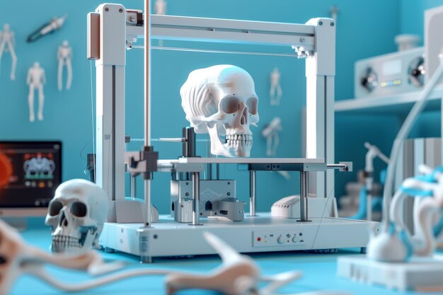 Un cráneo blanco está sentado en una máquina blanca en una habitación con otros cráneos
