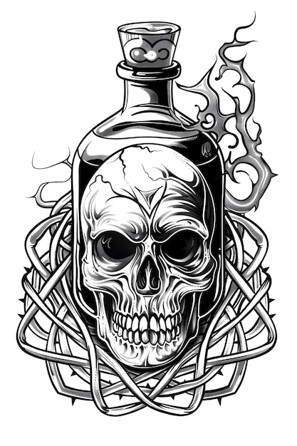 Cráneo y botella de veneno muy simple tatuaje tradicional estilo flash ilustración