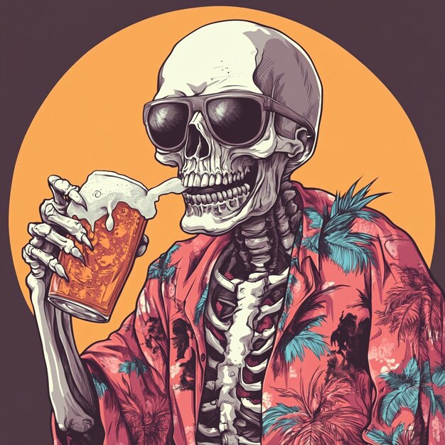 un cráneo con una camisa de cuello largo sosteniendo una cerveza en un vaso
