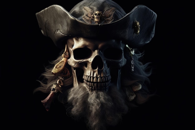 Cráneo de capitán pirata con sombrero de fondo negro concepto de fantasía IA generativa