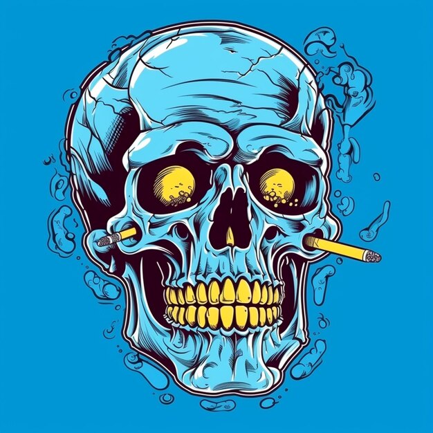 Foto cráneo con un cigarro fumando aislado en un diseño de fondo azul para estuche de taza de camiseta