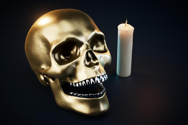 Un cráneo de color dorado y una vela encendida en un render 3D de fondo negro