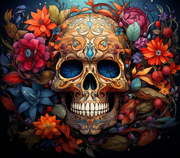 cráneo de colores brillantes rodeado de flores y vides en un fondo oscuro