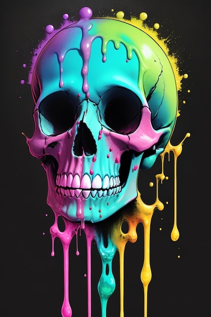 Un cráneo con colores púrpura y azul está sobre un fondo negro.