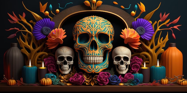 cráneo colorido día de los muertos altar