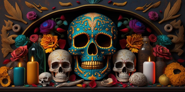 cráneo colorido día de los muertos altar